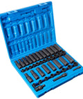 Blue case with Three Eighths Inch Drive 12 Point Socket Set, Standard And Deep, SAE And Metric, in various sizes.