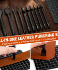 Leather Punch And Stitching Chisel Kit with diamond chisels and hollow hole punches on leather surface, cutting mat visible