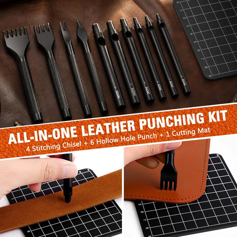 Leather Punch And Stitching Chisel Kit with diamond chisels and hollow hole punches on leather surface, cutting mat visible