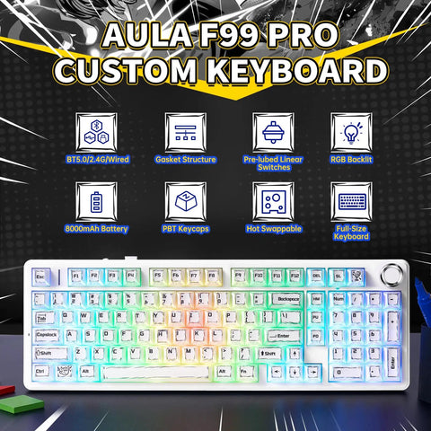 Badass Wireless Mechanical Keyboard With Triple Mode Connectivity And A Massive 8000mAh Battery Featuring Creamy Thocky Switches For Smooth Multi Device Gaming On Any Rig Legit Game Changer with RGB lighting on a desk.