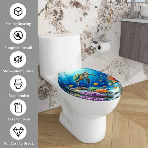 Elongated Resin Toilet Seat for Bathroom with colorful ocean turtle design, suitable for standard toilets.