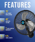 16 Inch Pro Series Oscillating Wall Mount Fan with rust-resistant aluminum and steel, features 75° oscillation and 40° tilt.