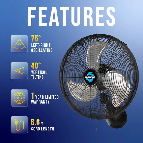 16 Inch Pro Series Oscillating Wall Mount Fan with rust-resistant aluminum and steel, features 75° oscillation and 40° tilt.