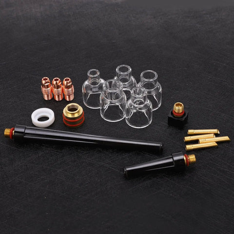 Upgrade Your TIG Game With This Premium WP9 20 Argon Welding Torch Kit featuring glass nozzles, brass clamps, and silicone rings.