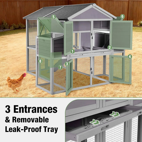 Large Backyard Chicken And Duck Coop With Run For 8 To 10 Birds Wooden Hen House 75.7 Inch Tall with nesting box and leakproof tray
