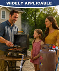 Family using 6 Ft Propane Adapter Hose With 0 To 30 Psi Regulator And 0 To 60 Psi Gauge For Type 1 QCC1 Universal Fit for grilling.