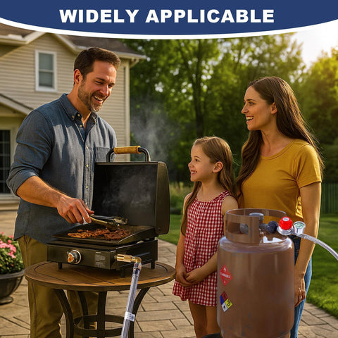 Family using 6 Ft Propane Adapter Hose With 0 To 30 Psi Regulator And 0 To 60 Psi Gauge For Type 1 QCC1 Universal Fit for grilling.
