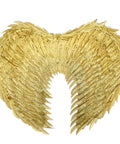 Front view of Gold Angel Wings for Cosplay and Halloween Costumes with Straps Lightweight Foil Feather Wings