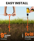 Installation of 15 Inch Screw In Ground Anchors Pack Of 4 Go-To Heavy Duty Orange Stakes with torque bar and drill attachment.