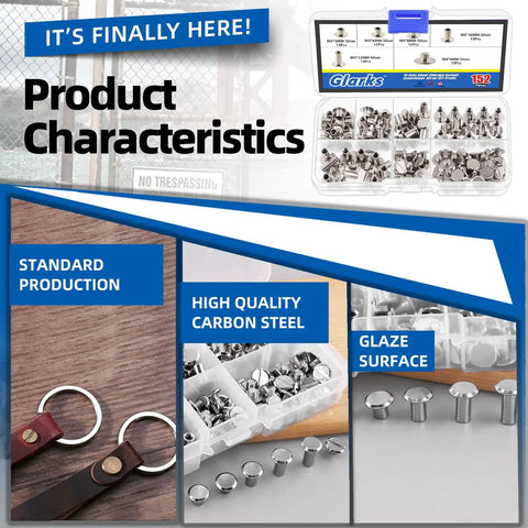 Slick Chicago Screws Assortment Kit Featuring 150 Silver Binding Rivets 5mm To 12mm Plus 4mm Flat Heads showcasing metal fasteners in a clear case.