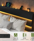 Queen Size Floating Bed Frame With Ambient Led Lights And Fast Charge Port, Modern Wood Sleep Base With Hidden Storage Headboard, Heavy Duty Metal Slats, Straight Up Skip The Box Spring, Toss Together In Minutes, Matte Black, LED-lit headboard with charging ports.
