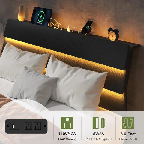Queen Size Floating Bed Frame With Ambient Led Lights And Fast Charge Port, Modern Wood Sleep Base With Hidden Storage Headboard, Heavy Duty Metal Slats, Straight Up Skip The Box Spring, Toss Together In Minutes, Matte Black, LED-lit headboard with charging ports.