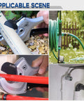 Collage of Heavy Duty One Hand Ratchet Pipe Cutter for PEX PVC and Plastic Hose Up To 2-1/2 Inch Aluminum Body with SK5 Blade in use