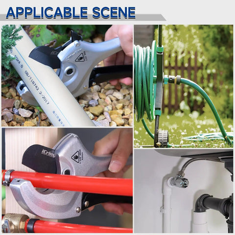 Collage of Heavy Duty One Hand Ratchet Pipe Cutter for PEX PVC and Plastic Hose Up To 2-1/2 Inch Aluminum Body with SK5 Blade in use
