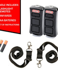 Bundle showing Two Button LED Flashlight Garage Door Opener Remotes 2 Pack With Built In Light And Lanyard For Easy Carry.