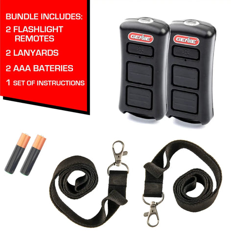 Bundle showing Two Button LED Flashlight Garage Door Opener Remotes 2 Pack With Built In Light And Lanyard For Easy Carry.
