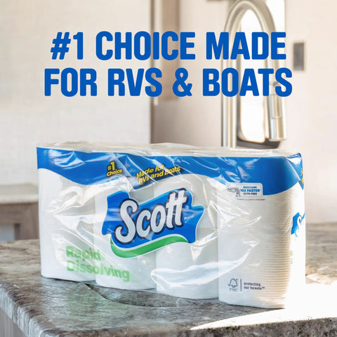 Rapid-Dissolving Toilet Paper 12 Double Rolls 1-Ply 231 Sheets Per Roll Septic-Safe Clog-Free for RVs and Boats on kitchen counter