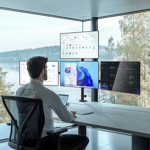 Kick Up Your Desk Game With This Stacked Quad Monitor Mount For 13 To 27 Inch Led Lcd Screens Holding 22 Pounds Per Arm And Keeping Things Clean A Real Space Saving Flex Right Now, showing a professional using four monitors.