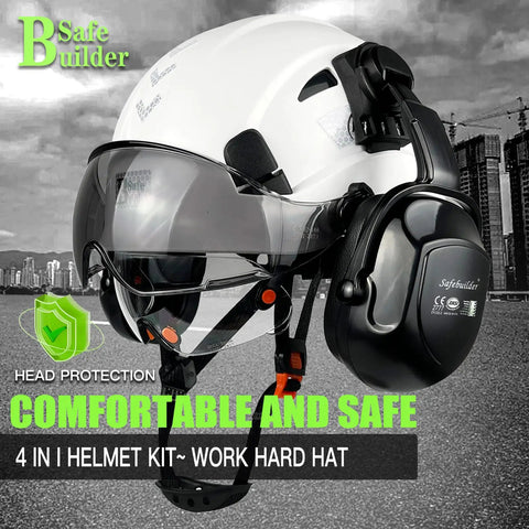 Construction Safety Helmet With Clear And Tinted Visors Earmuffs Hearing Protection White Industrial Hard Hat For Engineers
