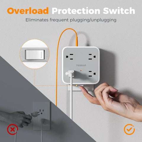 11 In 1 Wall Outlet Extender With 8 Sockets 1 USB C And 2 USB A Ports Surge Protector With Power Switch installed on wall.