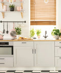 Modern kitchen with white cabinets featuring 30 pack matte black cabinet pulls with five inch center to center holes, sleek design