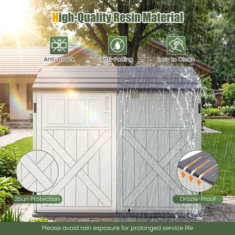 20 Cu Ft Outdoor Storage Cabinet With Adjustable Shelf And Lockable Doors, Weatherproof Resin Shed in garden setting