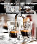 Dual Boiler Espresso Machine With Integrated Grinder And 20 Bar Pump making espresso shots into glasses with precision gauge.