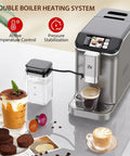 Slick Fully Automatic Espresso Machine With Built In Grinder And One Touch Milk Frother For Lattes And Cappuccinos, serving espresso and cappuccino.