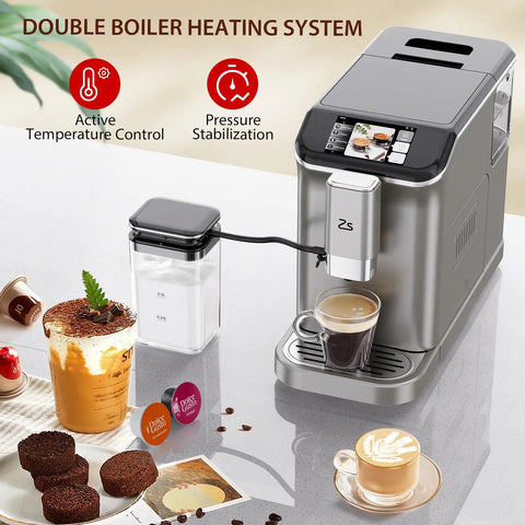 Slick Fully Automatic Espresso Machine With Built In Grinder And One Touch Milk Frother For Lattes And Cappuccinos, serving espresso and cappuccino.