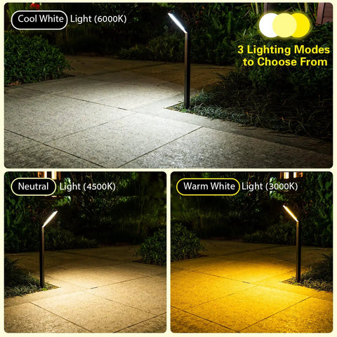 Solar Pathway Lights 4 Pack Outdoor Waterproof Garden Lighting for Driveway Walkway Patio Sidewalk showing cool, neutral, warm LEDs