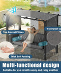 Outdoor Porch Swing With Stand And Adjustable Canopy 2 In 1 Convertible Bed 3 Seat Swing For Adults, showing waterproof tarp and pillows