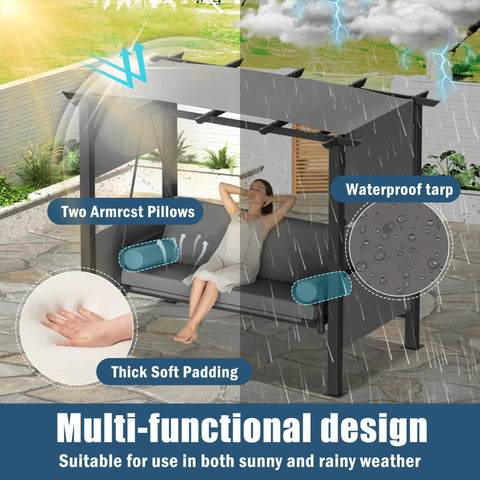 Outdoor Porch Swing With Stand And Adjustable Canopy 2 In 1 Convertible Bed 3 Seat Swing For Adults, showing waterproof tarp and pillows
