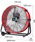 Beefy 24 Inch High Velocity Drum Fan With 8800 CFM, Heavy Duty Industrial Floor Fan, 3 Speed Tilt Adjustable Metal Blades