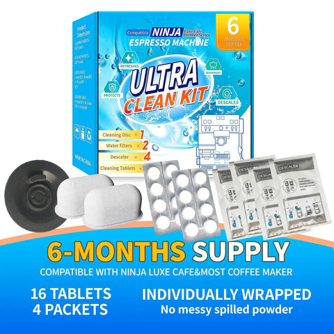 Ninja Luxe Cafe Espresso Cleaning Kit 6 Month Supply with tablets, filters, and cleaning disc for ES501 ES601 ES701 machines.