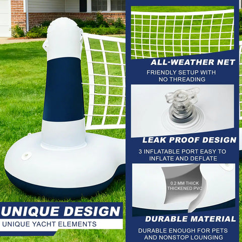 Inflatable Pool Volleyball Set With Yacht Theme Court, 9 Inch Volleyball, Weighted Water Bags, Tie Down Ropes, Patches, And Easy Setup For Adults displayed on grass.