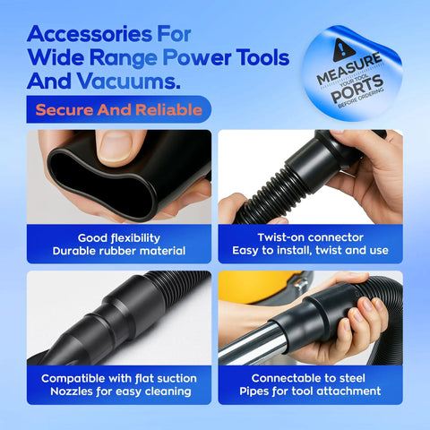 10 Ft Dust Collection Hose Kit For Power Tools And Shop Vacuums With 5 Fittings, showing flexible rubber hose details and connections.