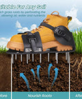 Heavy Duty Lawn Aerator Shoes With Six Extra Spikes attached to shoe on soil, allowing air, water, and nutrients flow to roots