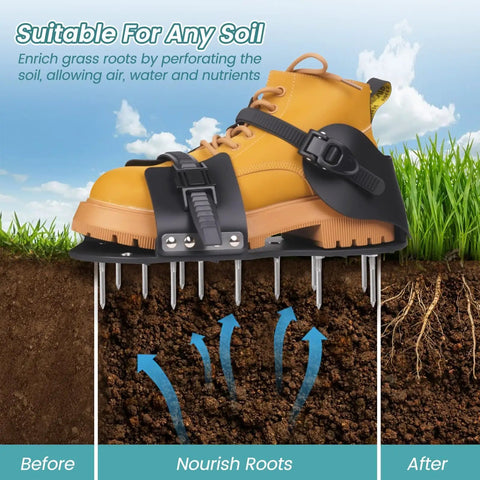 Heavy Duty Lawn Aerator Shoes With Six Extra Spikes attached to shoe on soil, allowing air, water, and nutrients flow to roots