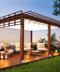 Outdoor pavilion with decorative lights and furniture, showcasing Adjustable 8 By 8 Post Base Bracket Set, Stainless Steel Post Anchor for Pavilion Deck Porch Handrail Railings, 4 Pieces, Internal 7.8 By 7.3 Inches, Sturdy Easy Install, Decorative Anchor Plate