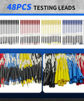 48-piece test lead kit with assorted colored clips and probes for electrical troubleshooting and testing in automotive use.
