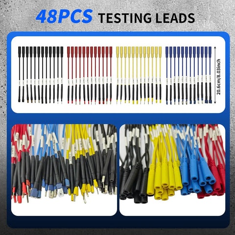 48-piece test lead kit with assorted colored clips and probes for electrical troubleshooting and testing in automotive use.