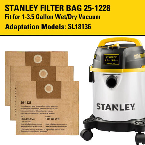3 Pack Disposable Vacuum Bags For 1-3.5 Gallon Wet Dry Vac Dust Bag Compatible With SL18136 Model 25-1228 shown with vacuum