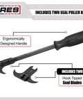 Dual Hook Tip Seal Puller Set With Heavy Duty Chrome Moly Blades For Ripping Out Stubborn Oil And Grease Seals Fast, featuring two hook tipped blades.