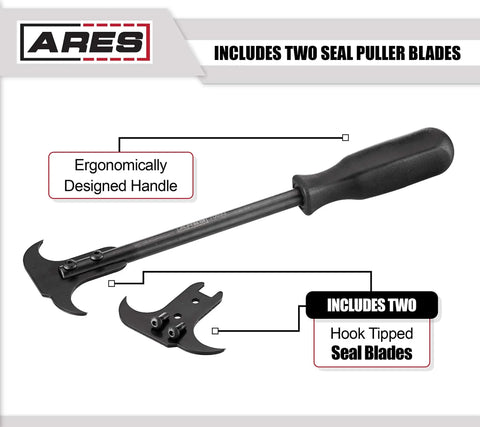 Dual Hook Tip Seal Puller Set With Heavy Duty Chrome Moly Blades For Ripping Out Stubborn Oil And Grease Seals Fast, featuring two hook tipped blades.