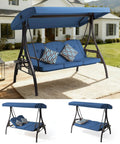 Three Seat Outdoor Porch Patio Swing With Adjustable Canopy And Cup Holder, 3 In 1 Convertible Swing Bed For Yard Deck Garden