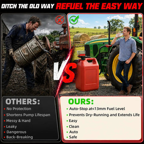 Comparison image showing easy gasoline refueling with 5GPM Cordless Fuel Transfer Pump With Auto Stop Valve 51 Inch Hose.