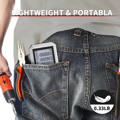 Backlit Laser Distance Meter With 0.5 Second Readings, Measures Up To 328 Feet, Ultra Accurate 2mm Precision, Class 2 Laser, Handy Multi Mode Range Finder For DIY, Construction, Real Estate, And Interior Design. in jean pocket with screwdriver, 0.33 lb