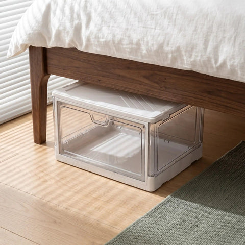 Clear Stackable Storage Bins With Transparent Slide Front Doors under bed for organized storage, plastic box with clear sliding door.