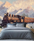 Steam Train Wallpaper Mural For Living Room And Bedroom Large 79 By 55 Inch Not Peel And Stick Vintage Steam Locomotive Poster Style Epic Room Makeover Decor In A Large Scale Design That Complements Neutral Tones And Adds Vintage Charm depicting a train in snowy mountains over bedroom bed, 78W x 55H silk material