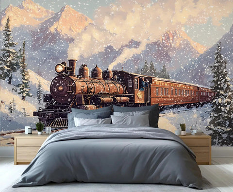 Steam Train Wallpaper Mural For Living Room And Bedroom Large 79 By 55 Inch Not Peel And Stick Vintage Steam Locomotive Poster Style Epic Room Makeover Decor In A Large Scale Design That Complements Neutral Tones And Adds Vintage Charm depicting a train in snowy mountains over bedroom bed, 78W x 55H silk material
